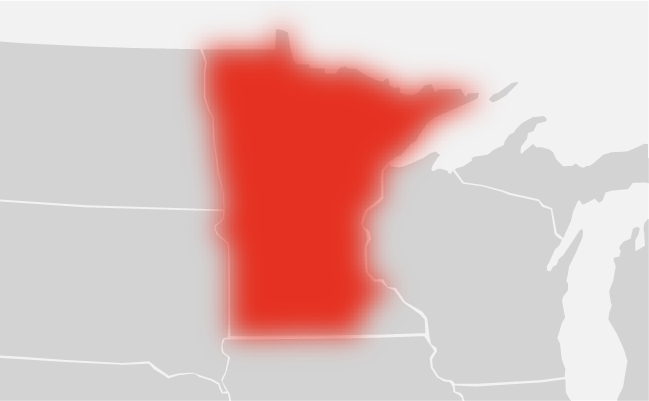 Map of United States showing TSS service area of Minnesota, minus the southeast corner.